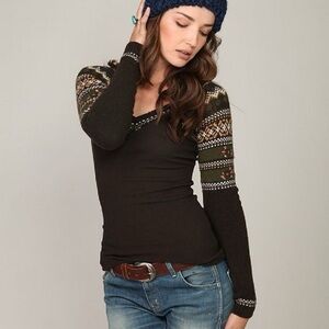 Rare Vintage Y2K Free People We The Free Fairisle Sweater Sleeve Thermal Brown L